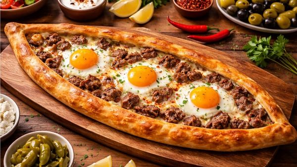 Kavurmalı Kaşarlı Yumurtalı Pide